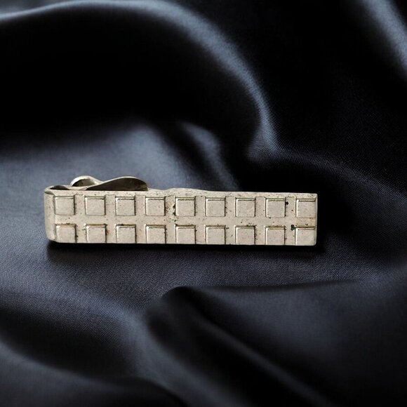 Swank Tie Clip Mens Vintage Silver Tone Metal Grid Geometric Mid Century MCM All - Picture 1 of 7